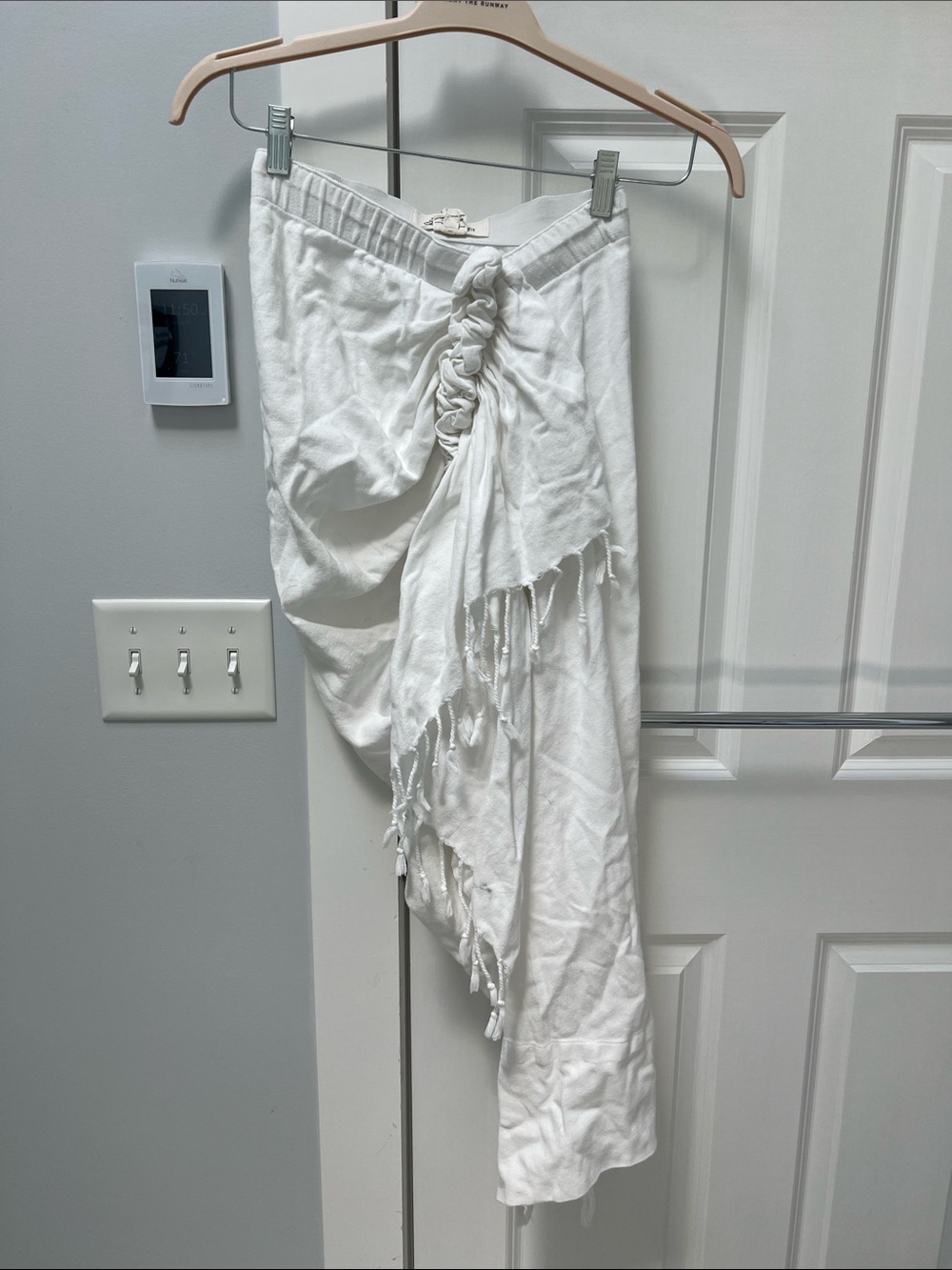 Asymmetrical White Ruched Fringe Maxi Skirt